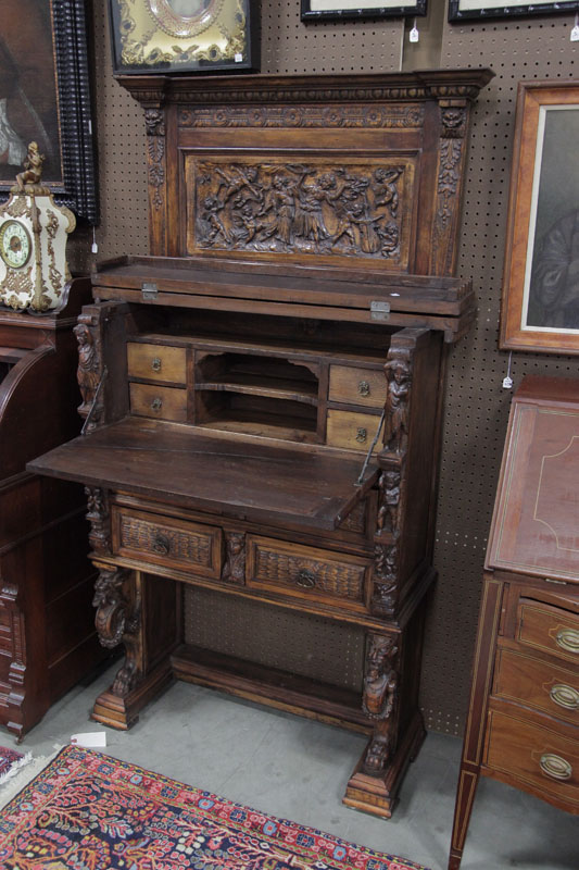 DROP FRONT DESK. Extensively carved