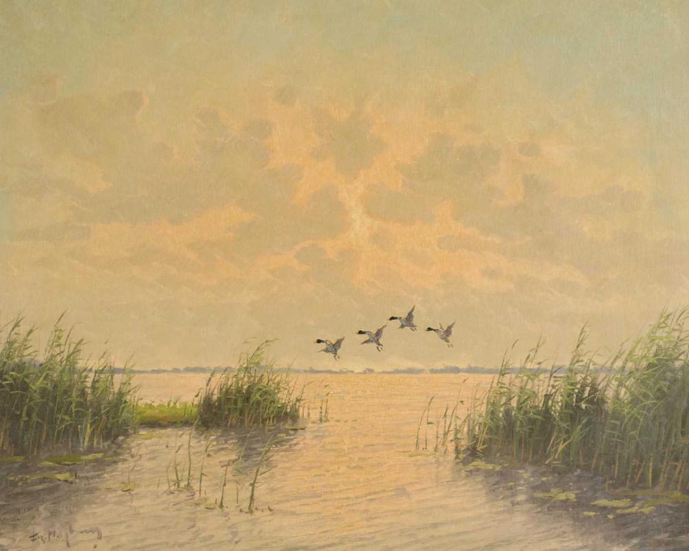 DUCKS IN FLIGHT, OIL ON CANVAS,