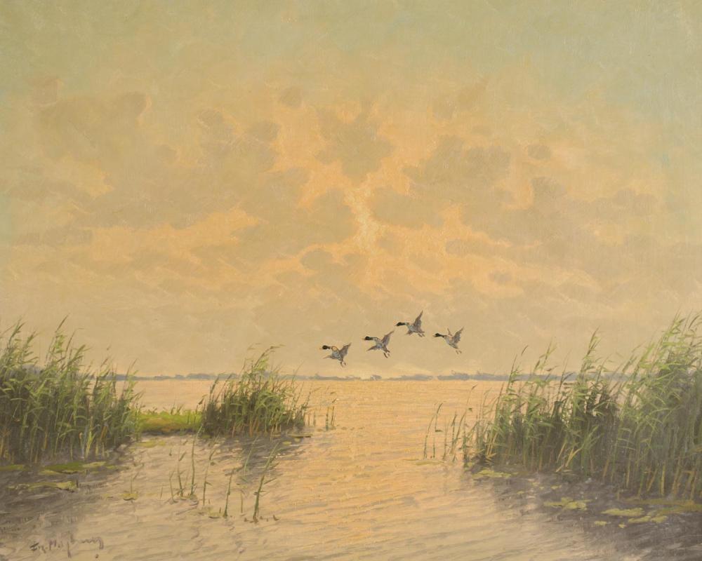 DUCKS IN FLIGHT, OIL ON CANVAS,