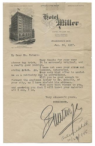 DUNNINGER SIGNED LETTER, RPPC,