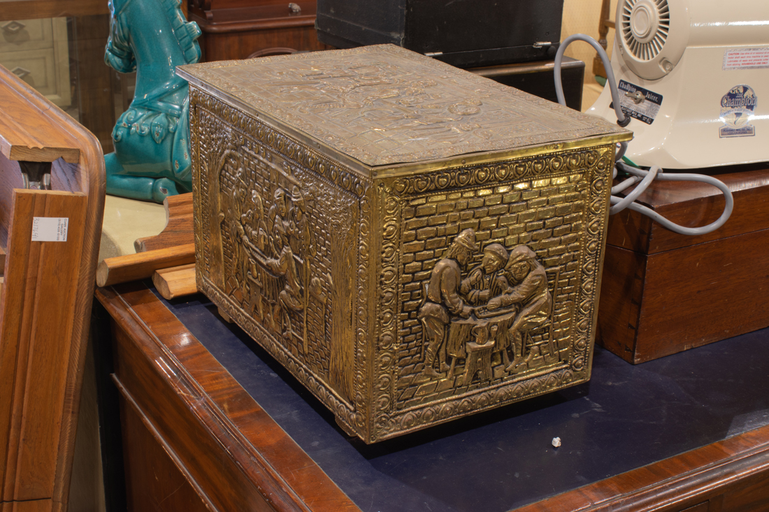 DUTCH BRASS REPOUSSE AND WOOD