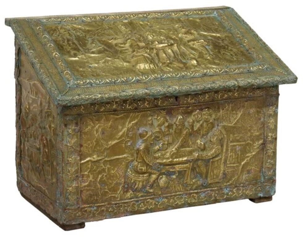 DUTCH BRASS REPOUSSE SLANT-LID COAL