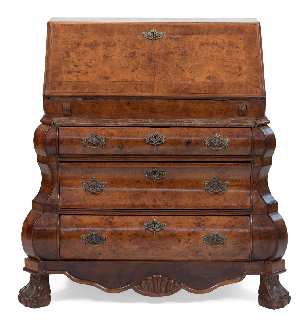 DUTCH BURLWOOD BOMBE SLANT-LID DESK