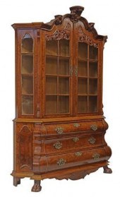 DUTCH BURLWOOD VITRINE ON BOMB