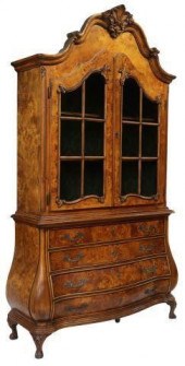 DUTCH BURLWOOD VITRINE ON BOMB