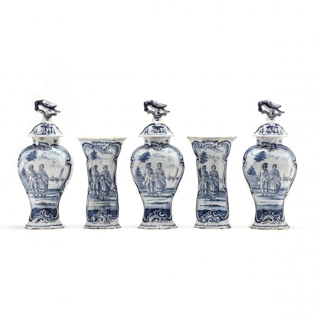 DUTCH DELFT MANTEL VASES FIVE PIECE