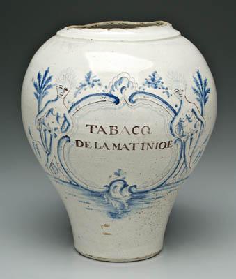Dutch Delft tobacco jar, "Tabacq De