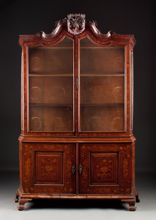 Dutch marquetry inlaid walnut glass
