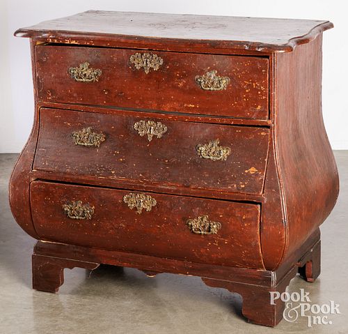 DUTCH PAINTED PINE BOMBE CHEST OF