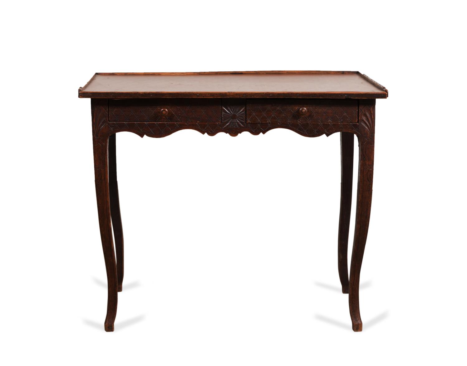 E. 20TH C. FRENCH OAK LEATHER TOP