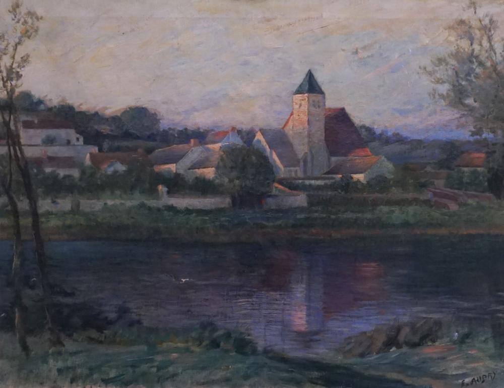 E. AUBRY, RIVERSIDE TOWN LANDSCAPE,
