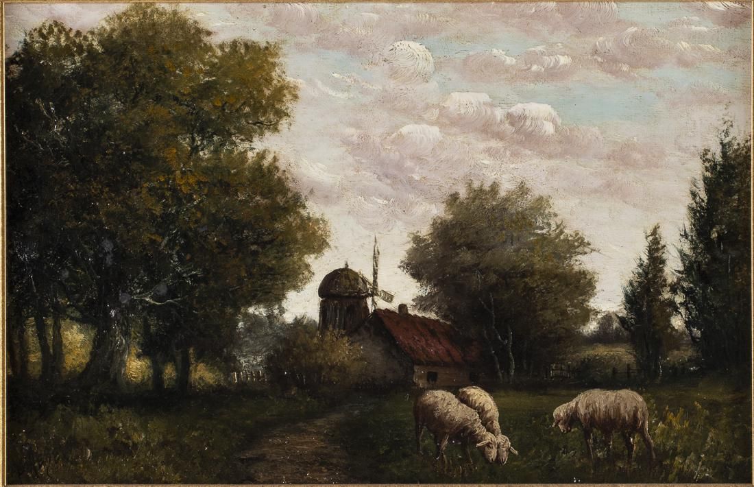 E. WEBER, LANDSCAPE WITH SHEEP, OIL