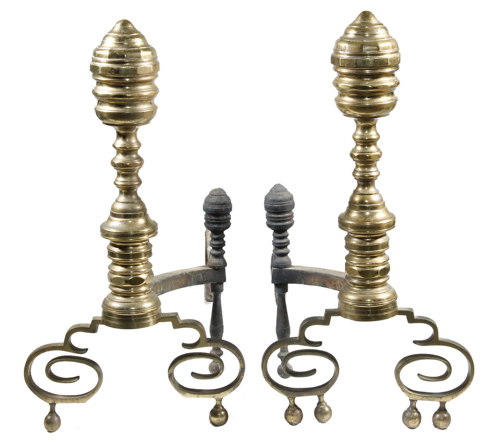 EARLY 19TH C BRASS ANDIRONS Pair of