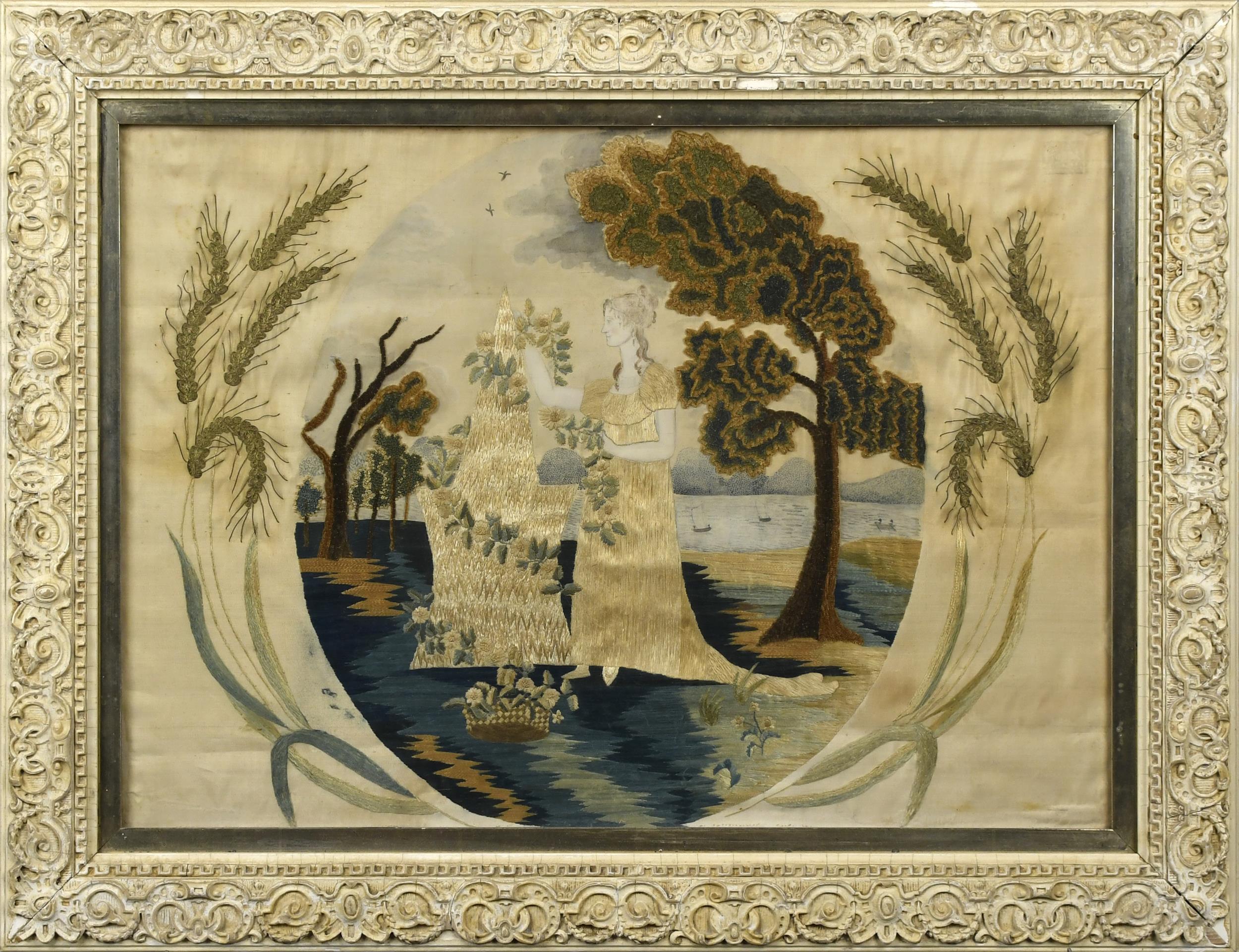 EARLY 19TH C. SILK MOURNING SCENE