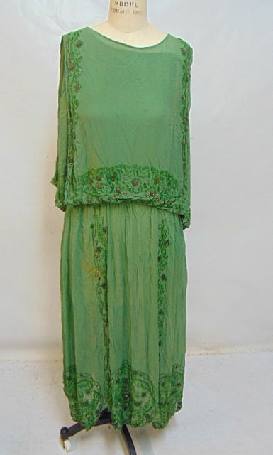 EARLY 20TH C. GREEN BEADED DRESS,