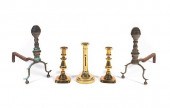 EARLY BRASS ANDIRONS AND CANDL