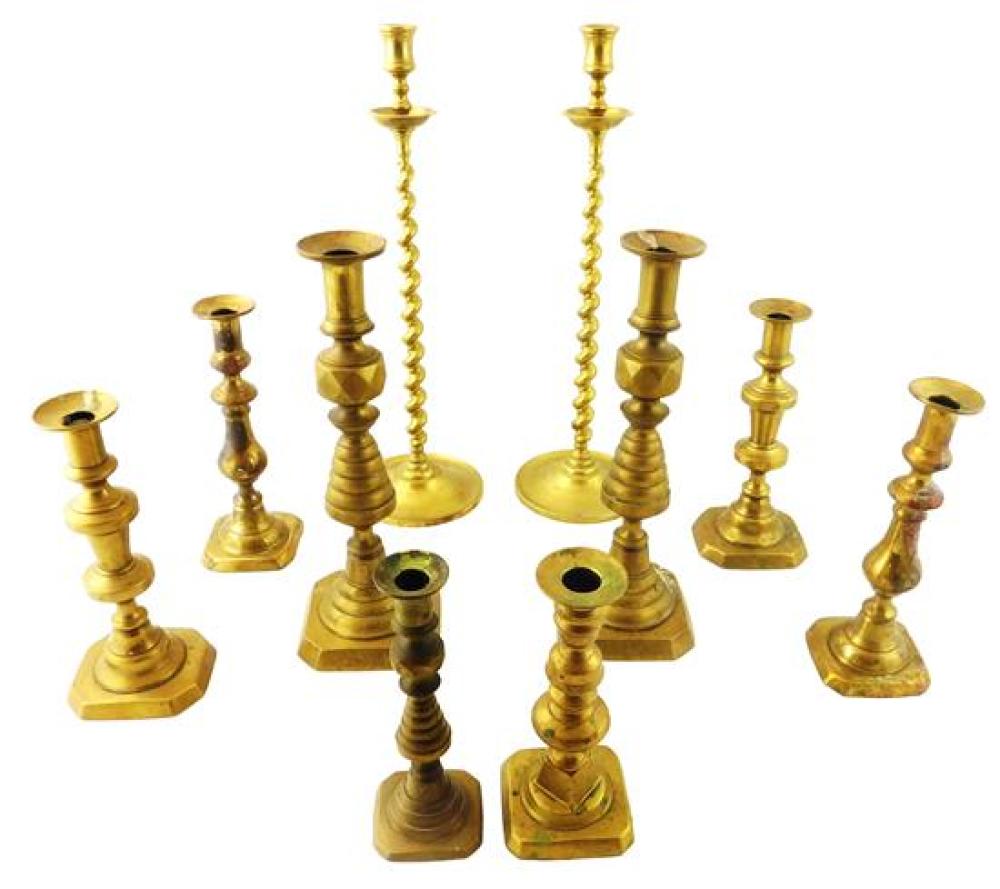 EARLY BRASS CANDLESTICKS, LATE