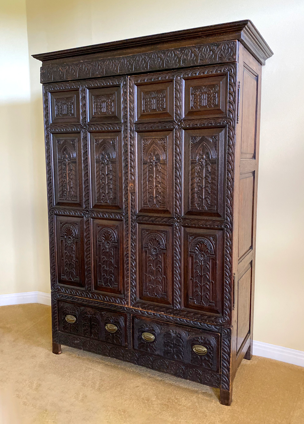 EARLY CARVED OAK ARMOIRE: Large Oak