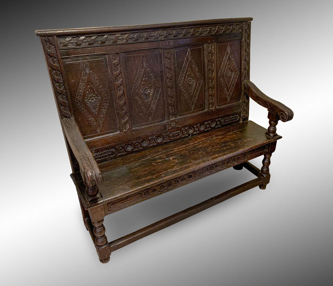EARLY CARVED OAK BENCH: Early