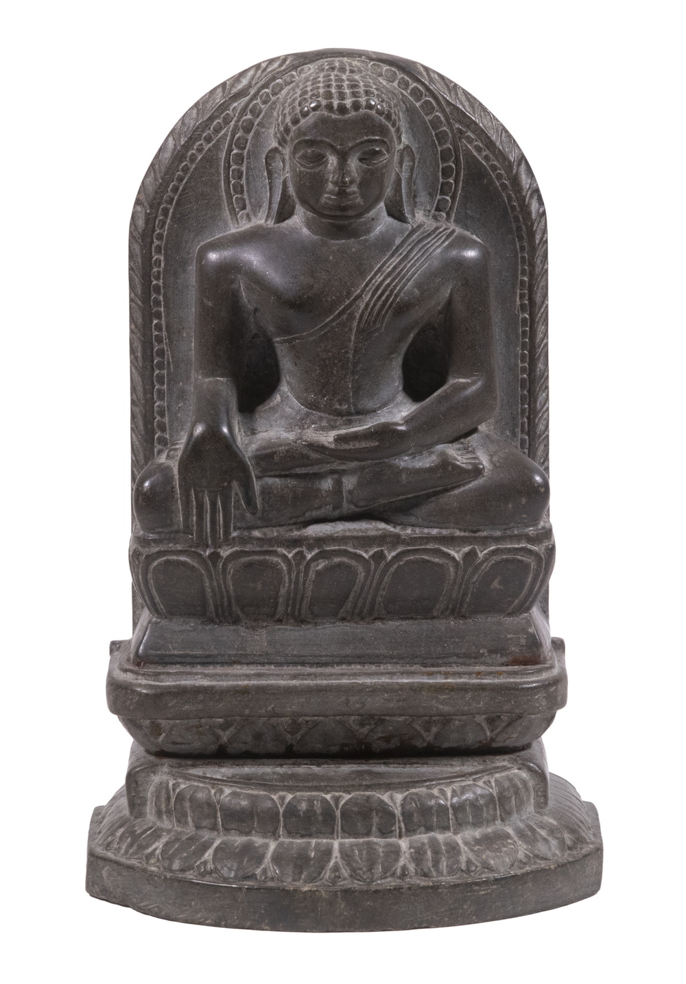 EARLY CARVED SCHIST STONE ENTHRONED