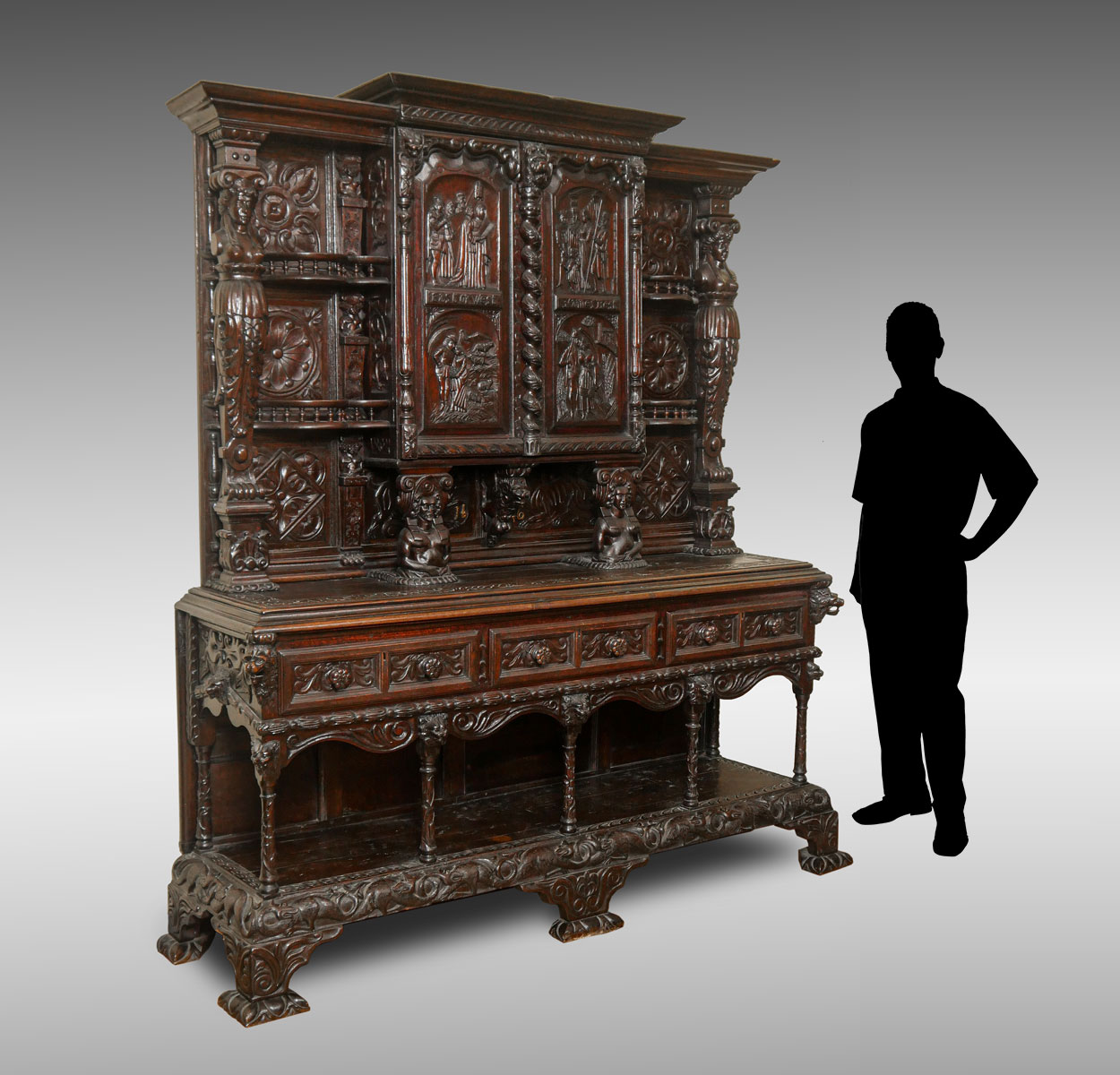 EARLY CARVED STEPBACK CUPBOARD: 2