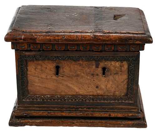 EARLY CARVED WALNUT ALMS
