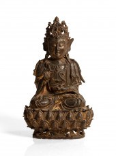 EARLY CHINESE GILT IRON SEATED