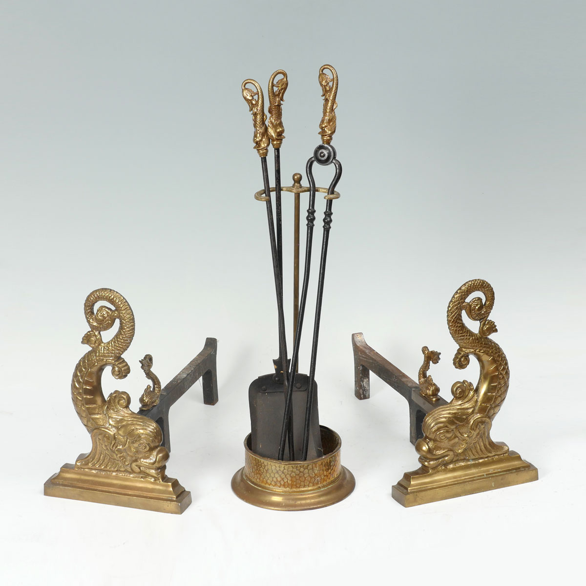 EARLY DOLPHIN ANDIRONS AND