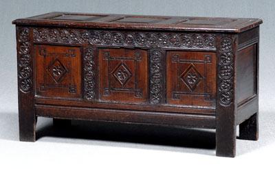 Early English carved oak chest,