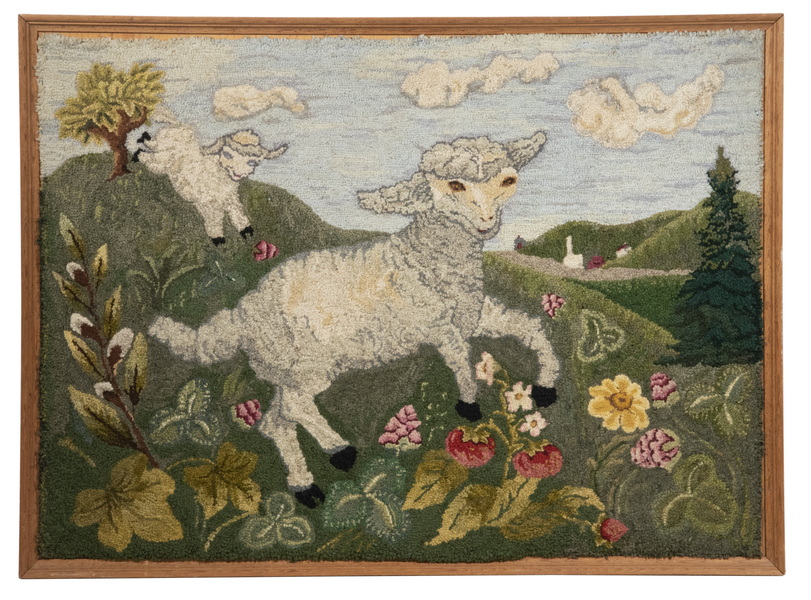 EARLY FRAMED PICTORIAL HOOKED RUG