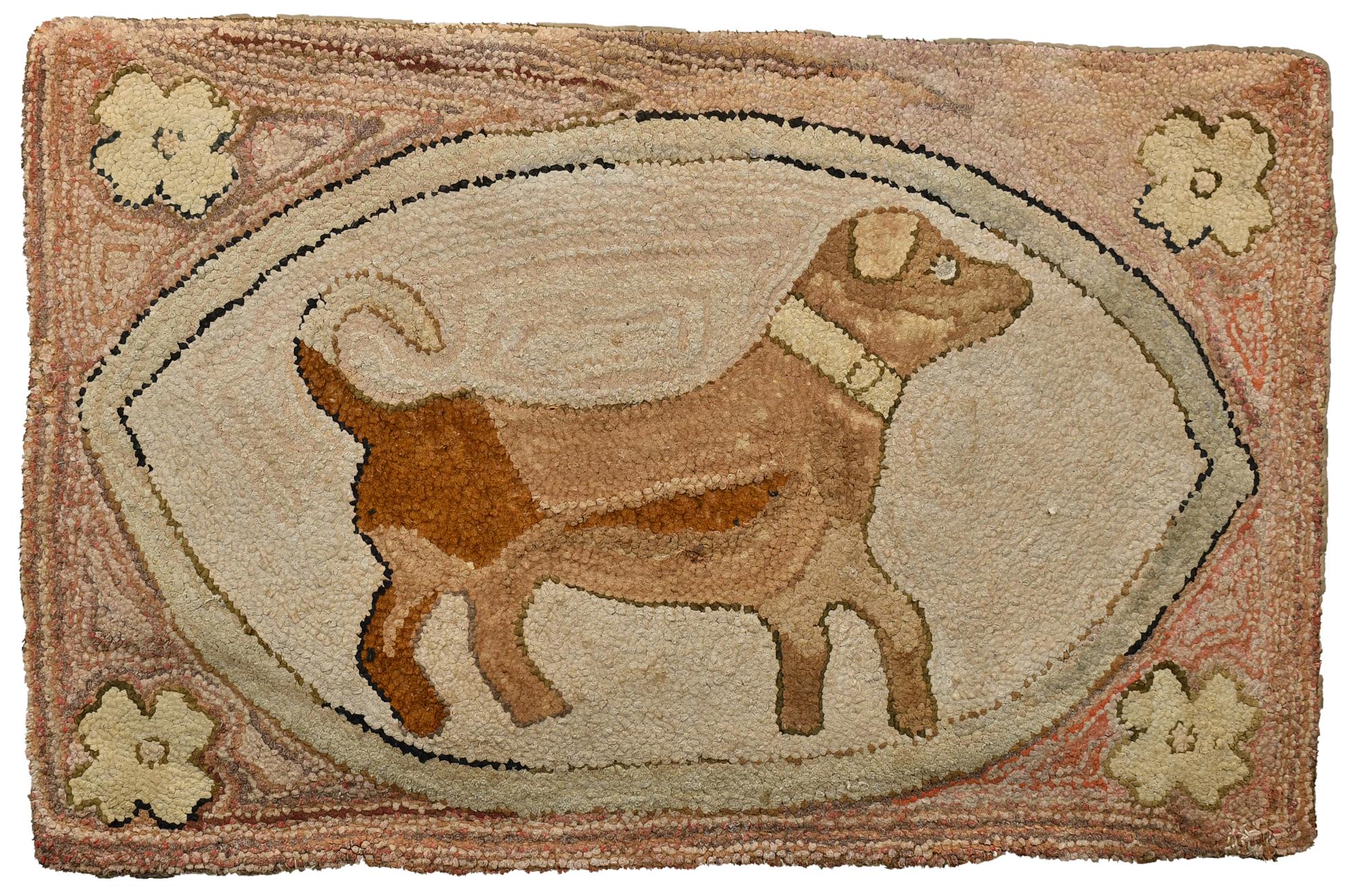 EARLY HOOKED RUGS INCLUDING DOG.