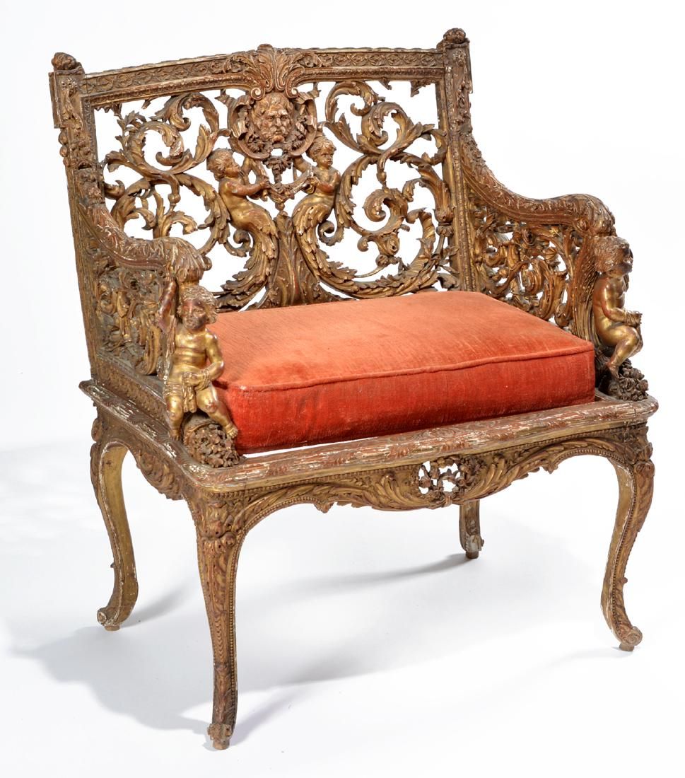 EARLY ITALIAN GILTWOOD ARMCHAIR,