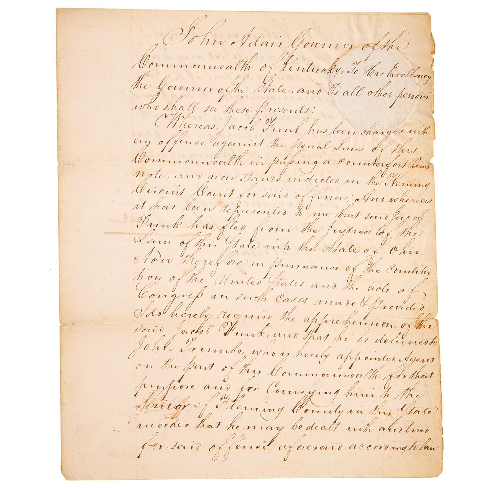 EARLY KENTUCKY DOCUMENT: GOV. J.