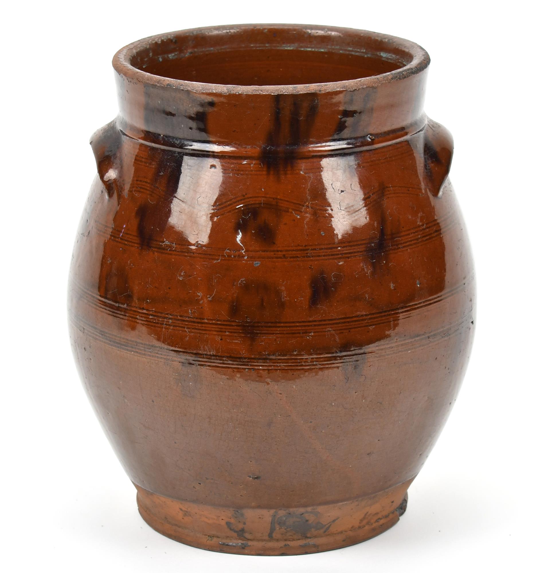 EARLY OVOID REDWARE CROCK. Larger