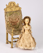 EARLY PEG DOLL AND ARMCHAIR<br