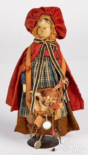 EARLY PEG WOODEN PEDDLER DOLL, 19TH