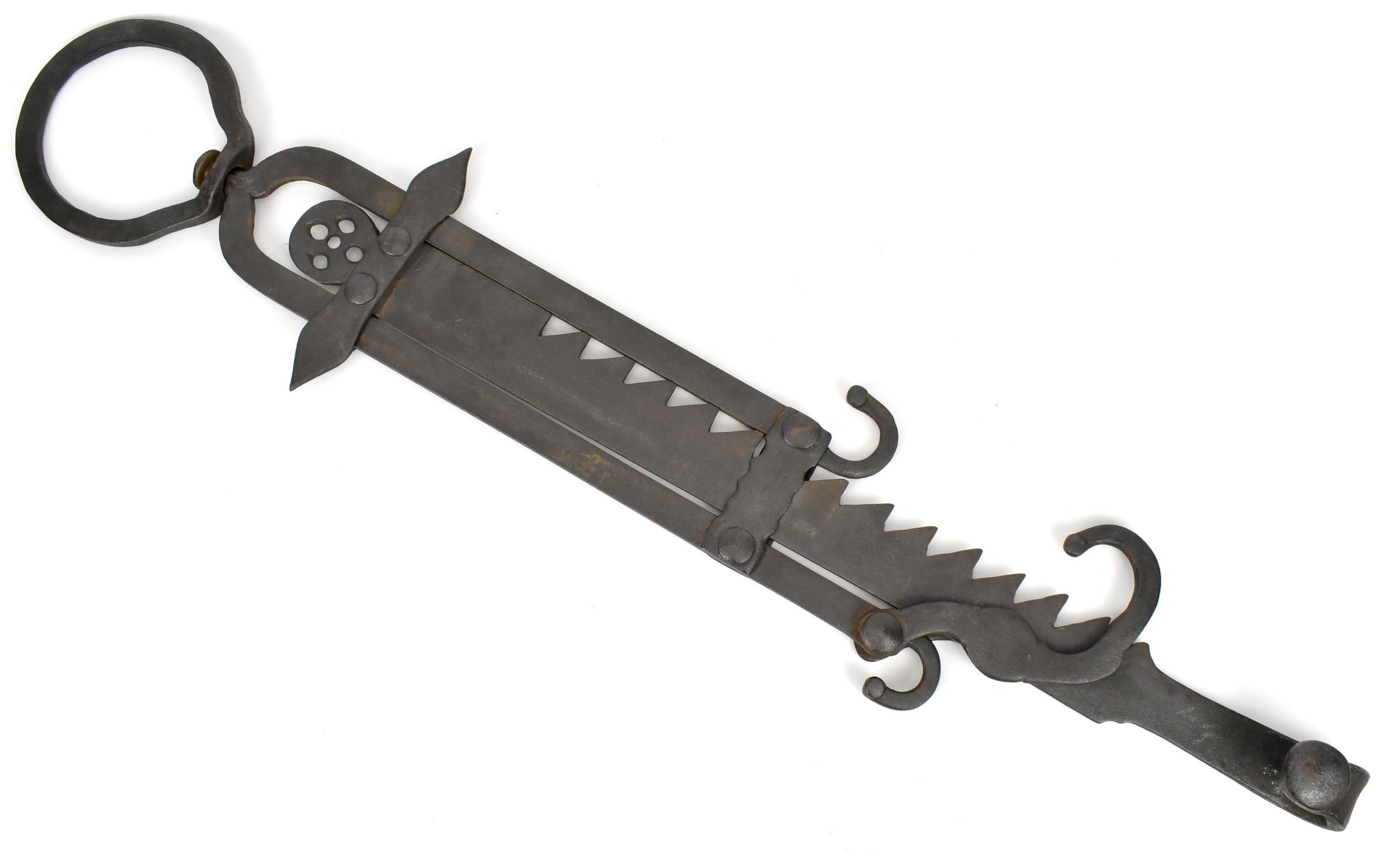 EARLY UNUSUAL WROUGHT IRON TRAMMEL.