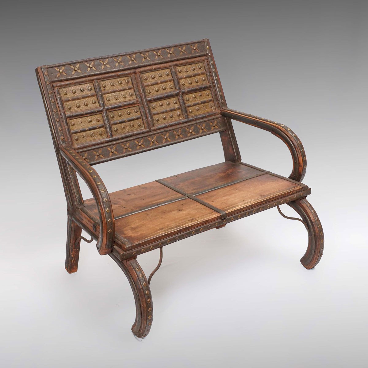 EARLY WOOD & WROUGHT IRON SETTEE: