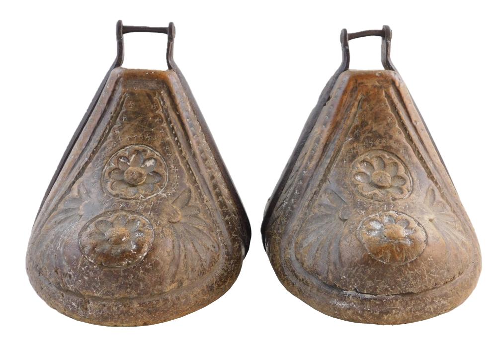 EARLY WOODEN CARVED STIRRUPS,