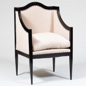 EBONIZED AND LINEN UPHOLSTERED