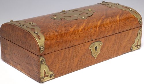 EDWARDIAN BRASS BOUND OAK TABLE