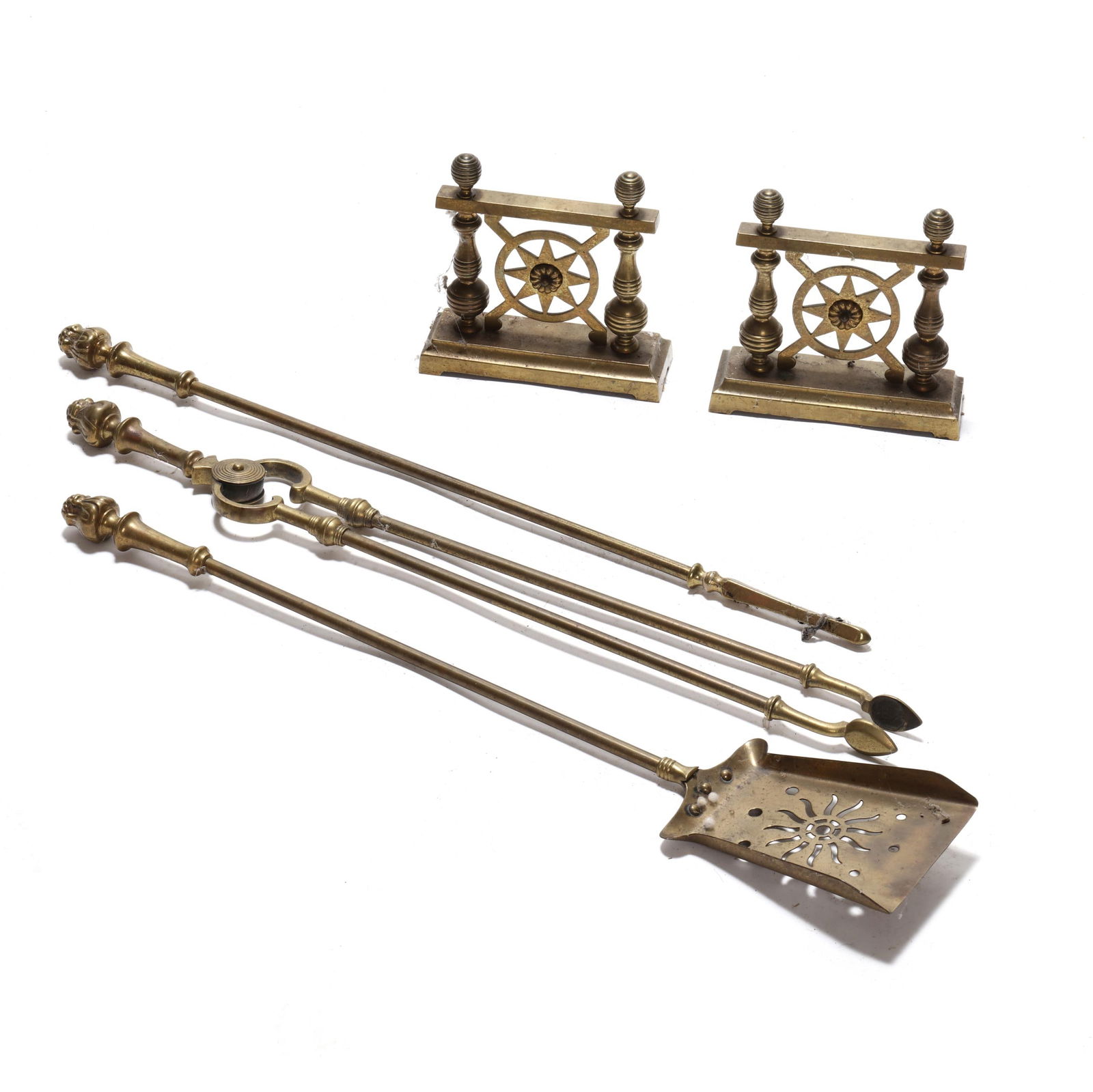 EDWARDIAN BRASS SUITE OF FIRE IRONS