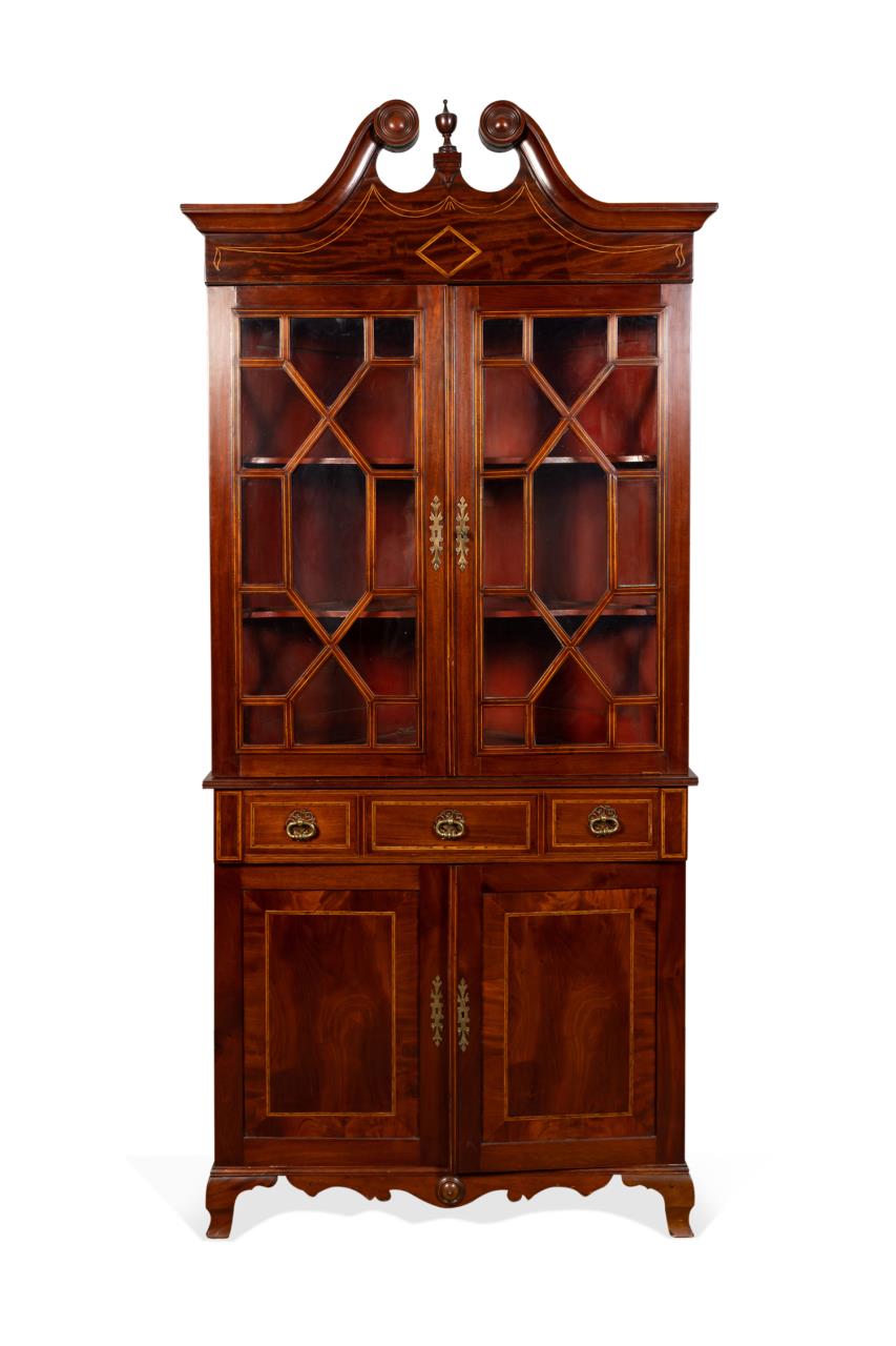 EDWARDIAN INLAID MAHOGANY GLAZED