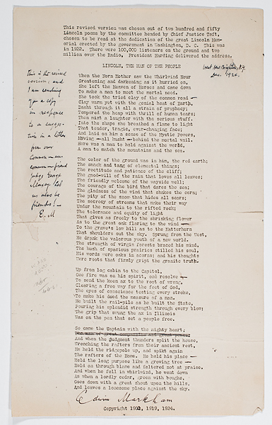 Edwin Markham Signed Poem Lincoln