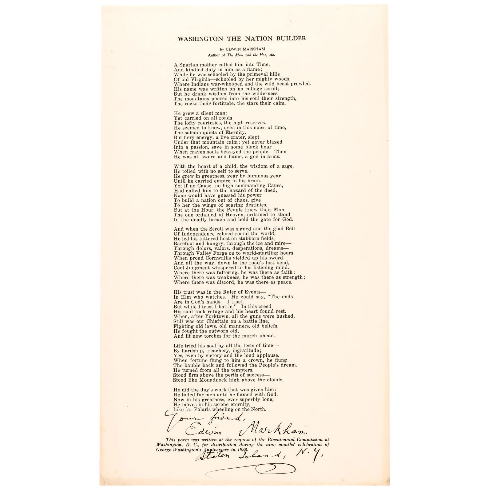 EDWIN MARKHAM SIGNED WASHINGTON THE