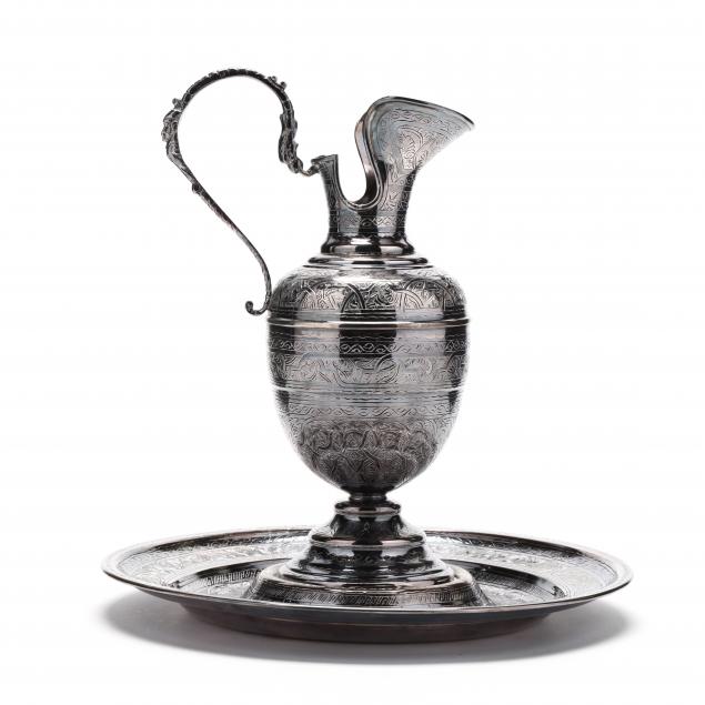 EGYPTIAN SILVER EWER AND STAND With