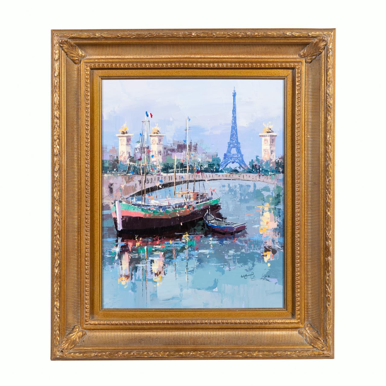 EIFFEL TOWER AND BOATS, OIL ON
