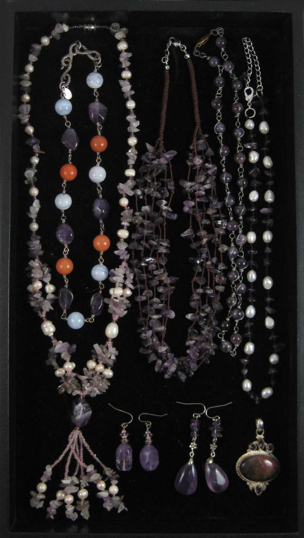 EIGHT ARTICLES OF AMETHYST JEWELRY,