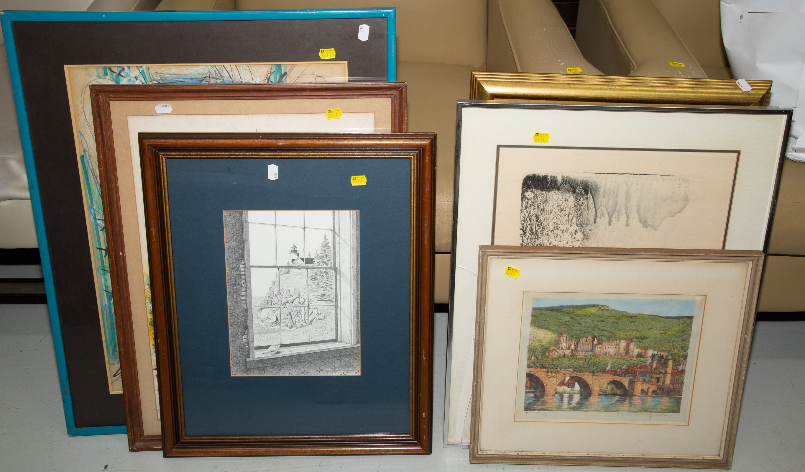EIGHT ASSORTED FRAMED ARTWORKS .