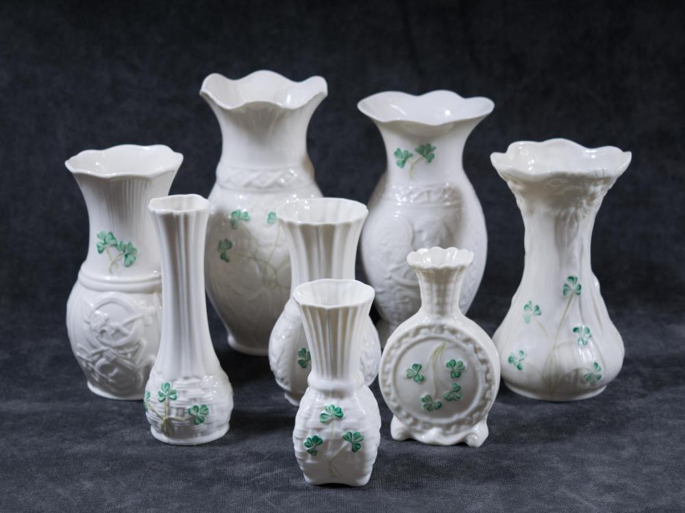 EIGHT BELLEEK SHAMROCK VASES,
